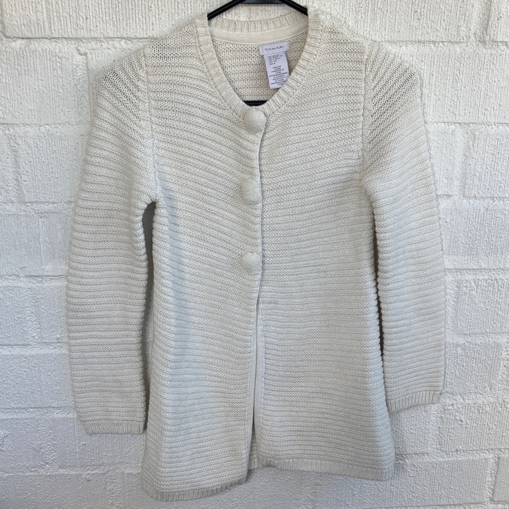 Tahari Knit Cotton White Cream Girls Kids Cardigan Sweater 7/8